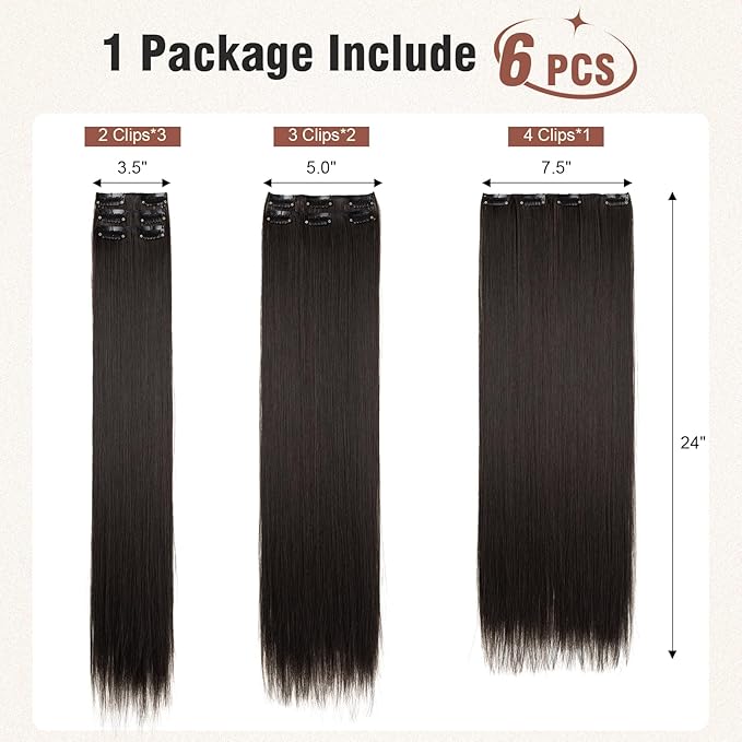 FLUFYMOOZ 6PC Clip in Hair Extensions 24" Straight Long Extensions for Women Synthetic Hairpiece (Black Brown)
