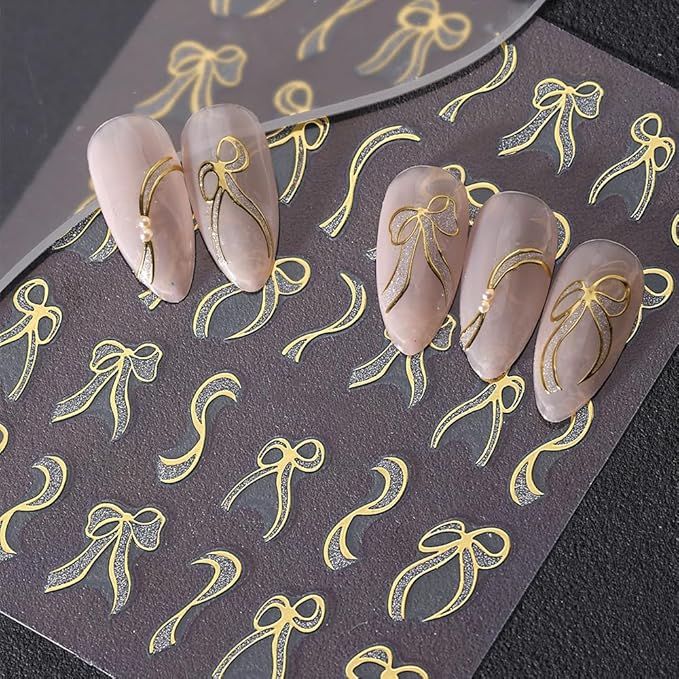 6 Sheets Bow Nail Art Stickers Bows Stickers for Nails 3D Self Adhesive Gold Red Bow Nail Decals Ribbon Bowknot Nail Design Cute Bow Nail Supplies Glitter Bow Stripe Nail Decor for Women DIY Manicure