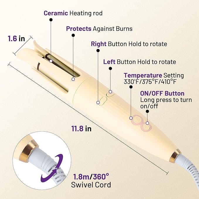 Automatic Hair Curling Iron Automatic Hair Curler Automatic Rotating with 3 Temperature Sets, Anti-Scald, Anti-Tangle Auto Curling Iron Rotating, Yellow