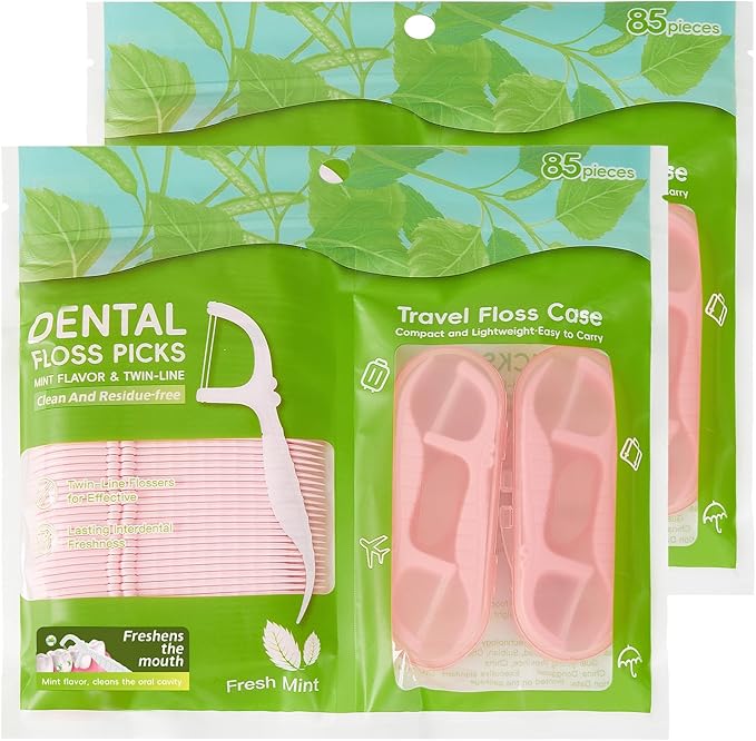 Mint Toothpicks Dental Flossers - Twin-Line Tooth Floss Picks for Adults, Flossers 170 Count with 4 Mini Travel Floss Case, Compact & Resealable for Easy Storage at Home or On-The-Go(Pink)