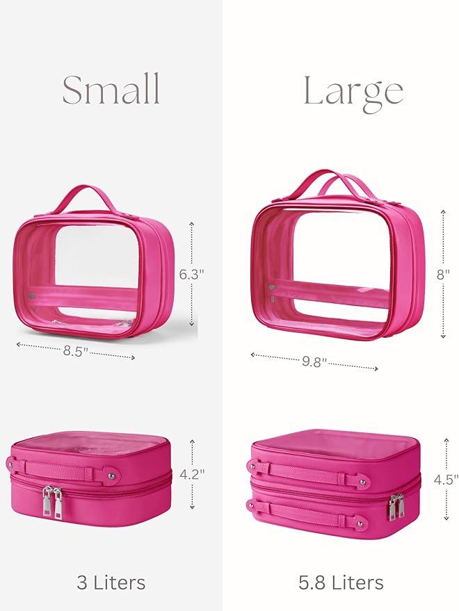 Clear Cosmetic Bag Double Layer Travel Toiletry Bag Clear Makeup Bag Case with 4 Compartments, Transparent Travel Bag for Toiletries, Large Toiletry Bag for Women Cosmetic Case (Hot Pink, Small)