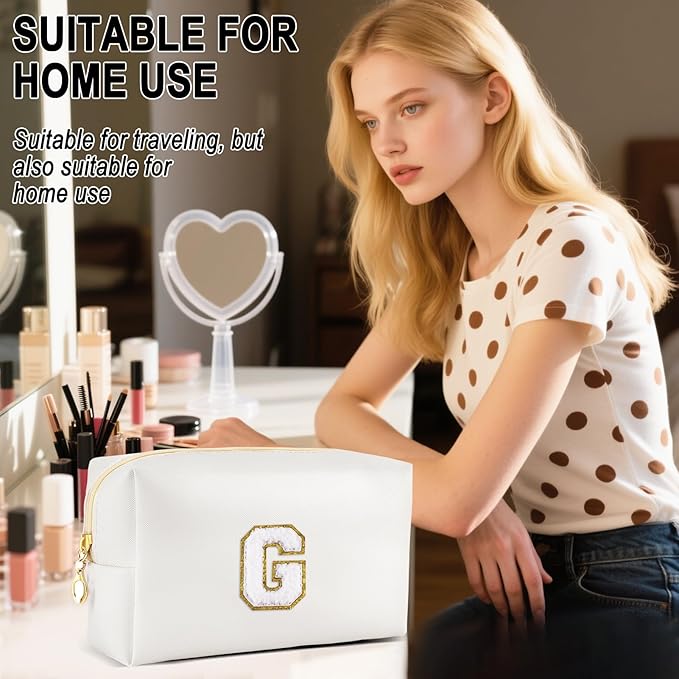 URSKYTOUS Gifts for Girls Initial Makeup Bag Personalized Cosmetic Bag with Zipper Cute Travel Toiletry Bags Waterproof PU Preppy Makeup Pouch Birthday Gift for Teen Girls Women(White G)