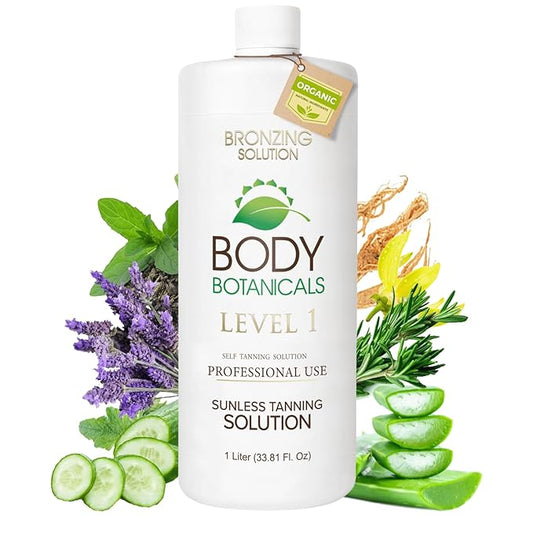 Body Botanicals, Professional Sunless Tanning Spray Tan Solution, Organic Essential Oils, Airbrush Formula, 33.8 Fl Oz. (Level 1 (7% DHA))