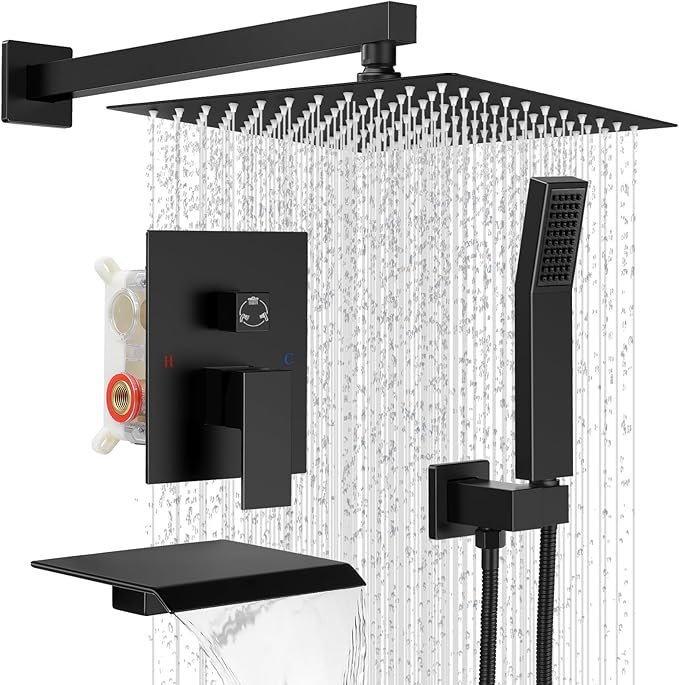 IUERASD Rain Shower Faucet Set Wall Mounted Rainfall with Tub Spout Shower Head System Rough-in Valve Body and Trim Included Black (10 Inches)