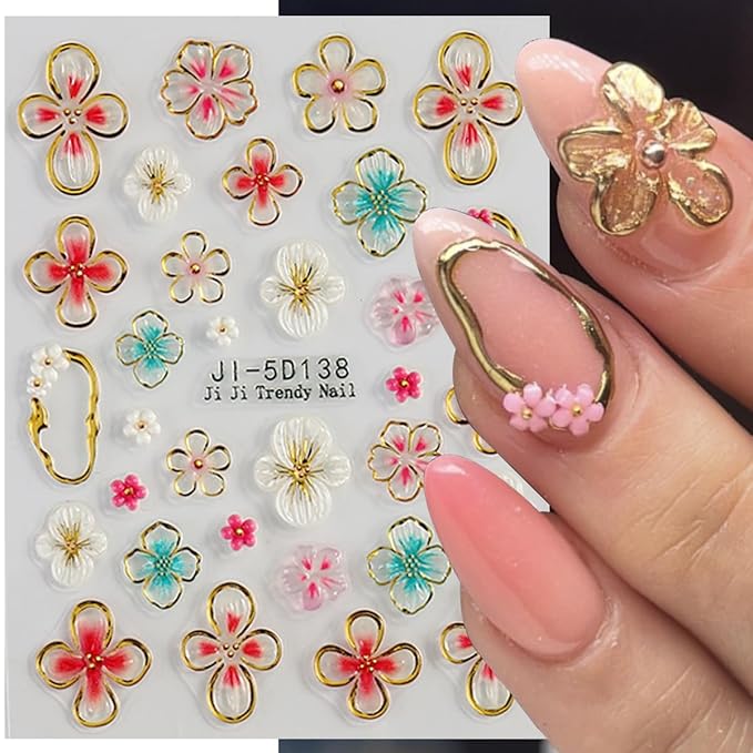 4 Sheet Flower Nail Art Stickers 5D Embossed Nail Decals Spring Nail Flower Stickers Colorful Floral Nail Art Design Gold 3D Self-Adhesive Acrylic Nails Art Supplies for Women Girls
