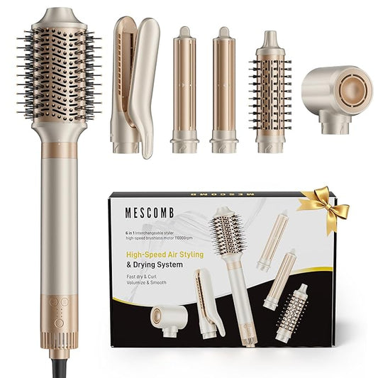 MESCOMB 6-in-1 Hot Air Styler – Hair Dryer & Air Styler with Straightener, Auto Curler, Volumizing Brushes, Frizz-Free Hair Styler for Straighting, Curling, Smoothing & Adding Volume, Not Damage