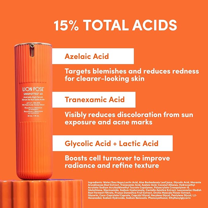 UNSPOTTED 4X Dark Spot Correction Serum for Face and Body, Exfoliating AHA Serum, Hydrating Formula With Azelaic, Glycolic, Lactic & Tranexamic Acids, Age & Sun Spot Remover, 1oz