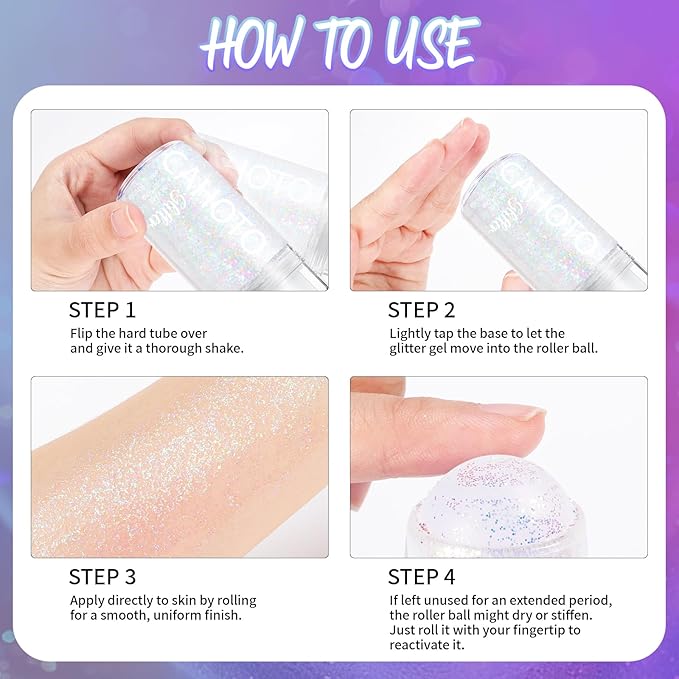 Purple Rolling Glitter for Face Body & Hair, Sparkling Holographic Chunky Shimmer, Roll-on Sequins for Singer Concert Rave Festival Halloween Party Mardi Gras Carnival, 1.35fl.oz
