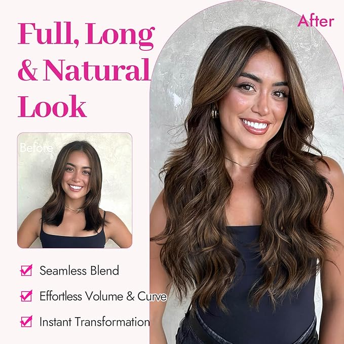 Kookastyle Clip in Hair Extensions, Natural Long Layered Soft Invisible Synthetic Curly Wavy Hairpieces for Women,4 pcs(20 Inch,Balayage Chocolate Brown to Caramel Blonde)