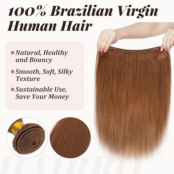 Hairro Sew in Hair Extensions Real Human Hair, 100g/bundle Weave Weft for Women Adding Volume and Length, for DIY Beauty Dating Party, 16 Inch One Bundle Straight #30 Light Auburn
