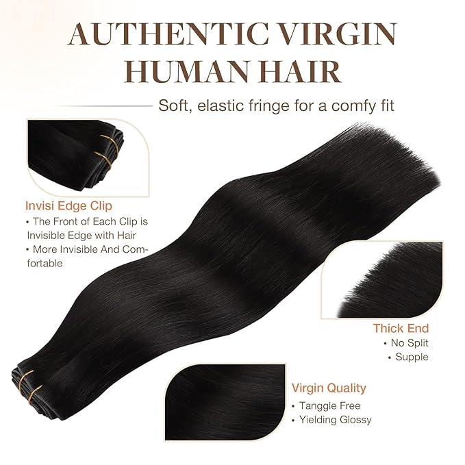 GOO GOO Invisi Edge Clip in Hair Extensions Set, 24inch 170g, 4pcs Injected Seamless PU Clip ins and 3pcs Classical PU Clip ins, Virgin Real Human Hair, #1B
