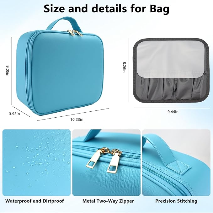 SLUMAZI Travel Makeup Bag with LED Mirror Travel Makeup Organizer with 3 Lighted Settings, Adjustable Dividers and Makeup Brush Storage Bag Blue