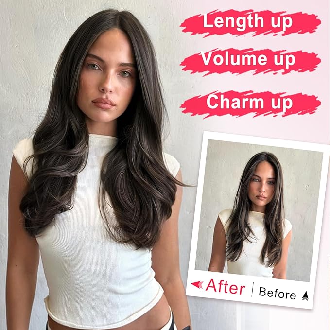 ALXNAN Long Wavy Layered Hair Extensions for Women, Clip in Hair Extensions Clip Ins Soft Full Head Synthetic Hairpieces 16 Inch Natural Black
