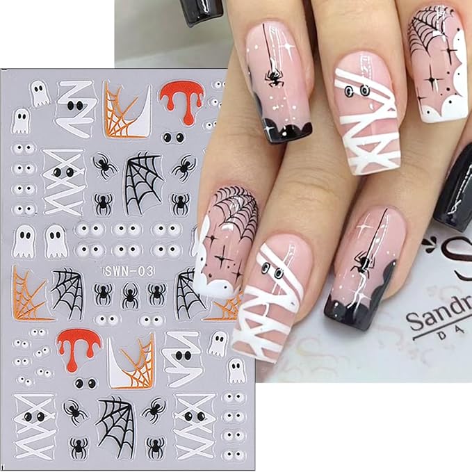 8 Sheets Halloween Nail Art Stickers Decals 3D Self-Adhesive Horror Ghost Spider Web Spider Pumpkin Hand Bone Skull Black Cat Nail Stickers Cute Halloween Nail Decals for Women