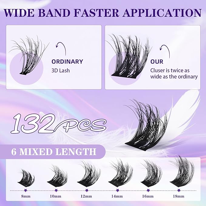 B&Q Lash Clusters Fluffy Wispy Voluminous - 132 PCS Feath5D 06 Layered Individual Cluster Lashes, Feathered Lightweight Eyelash Extensions in 8-18mm, Waterproof False Lashes
