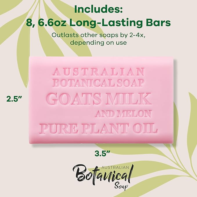 Australian Botanical Soap, Goat Milk Soap and Melon, 6.6 oz. Bars, Triple Milled Body Cleanser, Made in Australia with African Shea Butter and Native Goat Milk, All Skin Types, Pack of 8