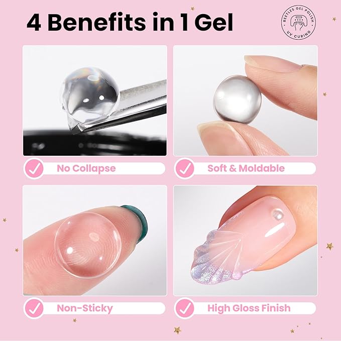 Beetles 3D Gel Nail Art Kit-3D Nail Art 4 Colors Clear Pink White Builder Nails Gel Non-Sticky Hand Sculpting Building for DIY Salon at Home,UV & LED Lamp Cured Needed