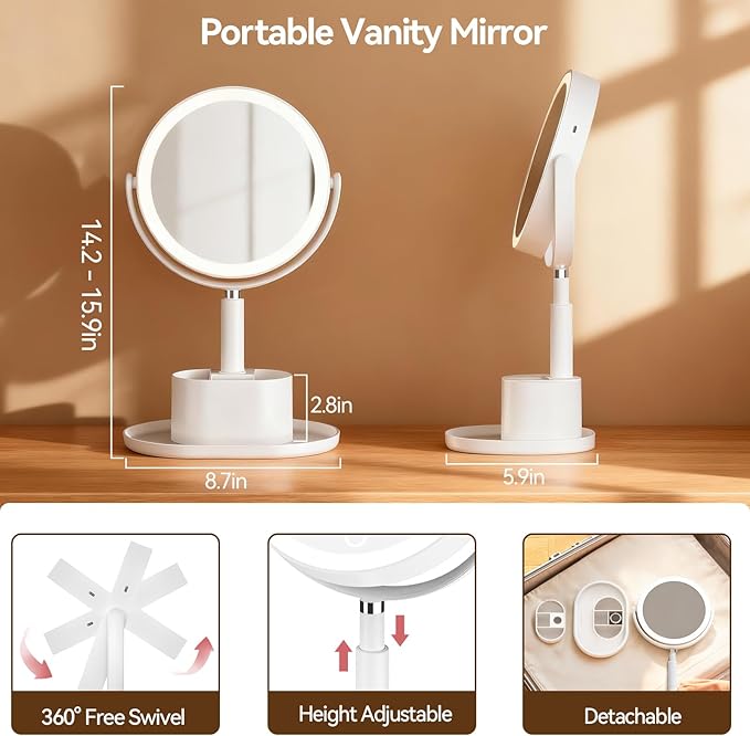 Shinowa Makeup Mirror with Lights, 1X/20X Lighted Makeup Mirror with Storage for Makeup & Jewelry, 2-Sided Height Adjustable Magnifying Mirror with 3 Color Lights, 360° Rotation & Rechargeable, White