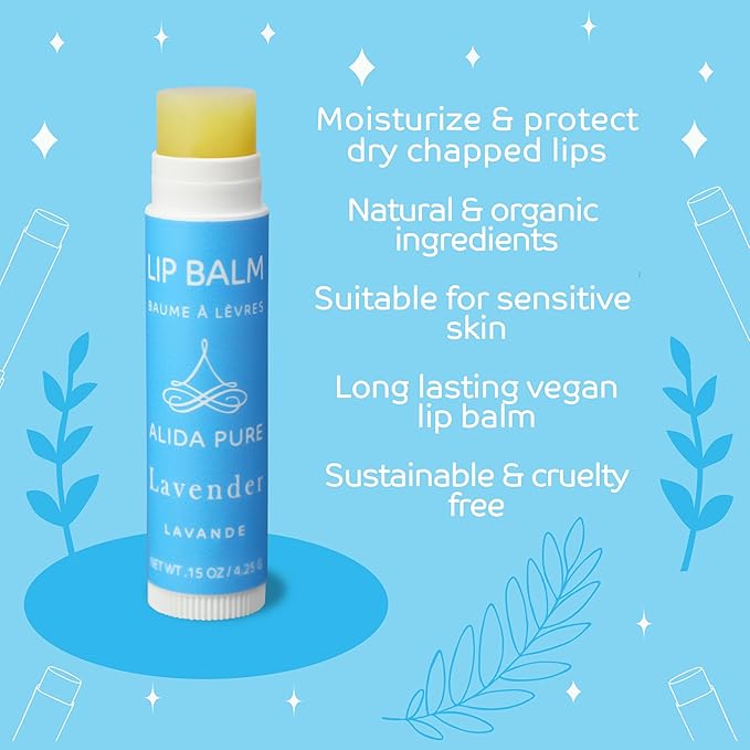 ALIDA PURE Lavender Lip Balm, Cruelty Free, Vegan Set, Beeswax Free, with Organic Jojoba and Avocado Oil, Vitamin E, Natural Moisturizer for Dry, Chapped, or Cracked Lips, 3 Tube Set