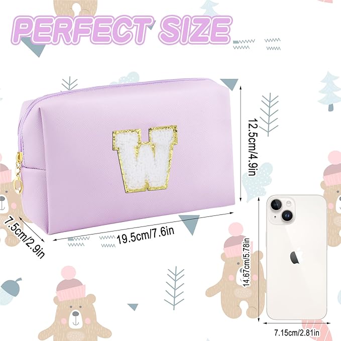 URSKYTOUS Gifts for Girls Initial Makeup Bag Personalized Cosmetic Bag with Zipper Cute Travel Toiletry Bag Waterproof PU Preppy Makeup Pouch Birthday Gift for Teen Girls Women(Purple W)