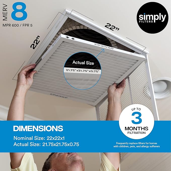 Simply 22x22x1 Air Filter, Merv 8, 6 Pack, Furnace Air Filter for HVAC (Actual Size: 21.75"x21.75"x0.75") DUST, Pet, & Allergy Control