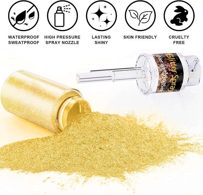 Champagne Gold Body Glitter Spray 10g, Holographic Shimmer Mist for Hair, Face Body, Long-Lasting Festival and Party Makeup Glitter, New Year Eve Glow, DIY Sparkle Powder for Crafts