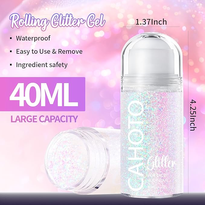 Pastel Rolling Glitter for Face Body & Hair, Sparkling Holographic Chunky Shimmer, Roll-on Sequins for Singer Concert Rave Festival Halloween Party Carnival, 1.35fl.oz