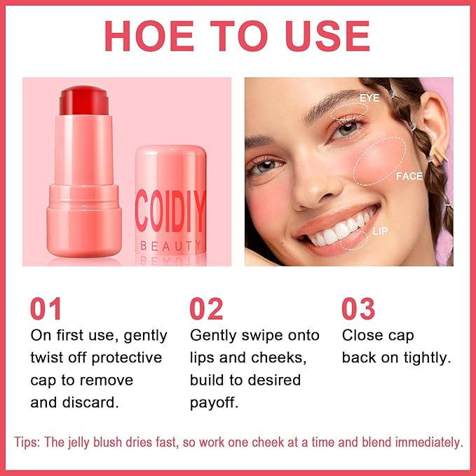 Jelly Blush Stick,Jelly Stain Stick,Lightweight Long Lasting Cheek Stick,Lightweight