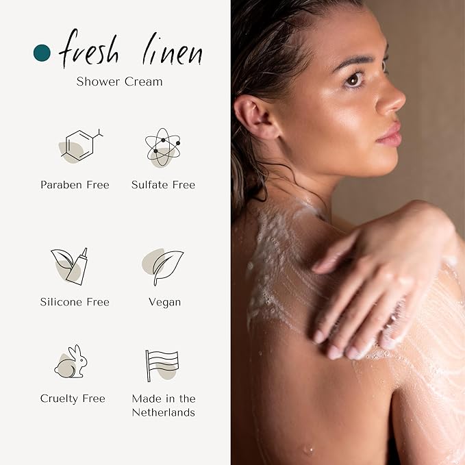 ERA TUA Fresh Linen Shower Cream | Dutch Made & Formulated | Natural, Vegan, Paraben Free & Cruelty Free| Hydrating Body Wash for All Skin Types |sulfate Silicone free | Jasmine & Rose Scent | 200 ml