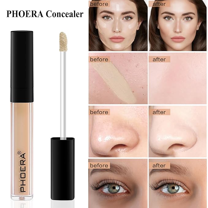 PHOERA Concealer, Lightweight, Full Coverage, Long Lasting, Corrects, Hydrates, Highlights, Matte Finish, All-Day Wear,with Concealer Brush (108#AMANDE)