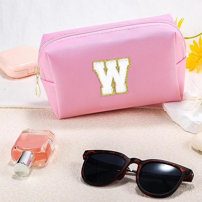 URSKYTOUS Initial Makeup Bag Personalized Preppy Travel Small Cosmetic Bag Cute PU Pink Chenille Letter Makeup Pouch for Purse Waterproof Zippered Toiletry Organizer for Women Girls Kids Friends (W)