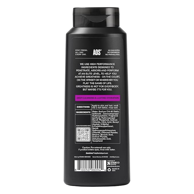 Art of Sport Men’s 2-in-1 Body Wash and Shampoo with Charcoal Activated, Sandalwood Fragrance, Made for Athletes, Defy Scent, 16 fl oz (Pack of 2)