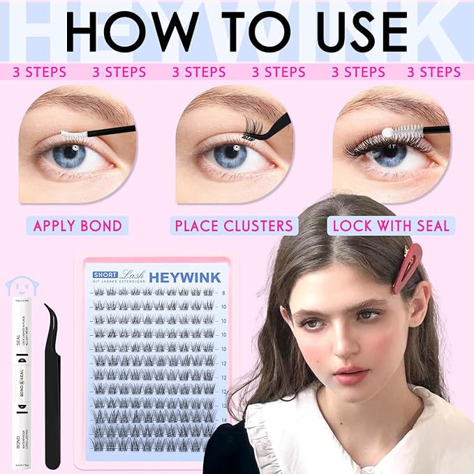 Venus Lash Clusters Kit Short 8-14mm D Curvature Natural Wispy Eyelash Clusters DIY Eyelash Extension Natural Lash Clusters Thin Invisible Lash Band Cluster Eyelash Extension(Venus Short Kit)