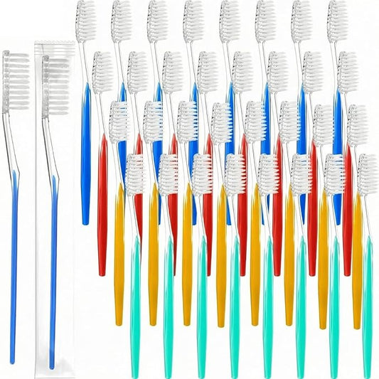 Patelai 700 Pcs Disposable Travel Toothbrush Bulk Individually Wrapped Toothbrush Pack Medium Soft Bristle Manual Disposable Colorful Tooth Brush for Adult Work Travel Hotel Donation (Classic)