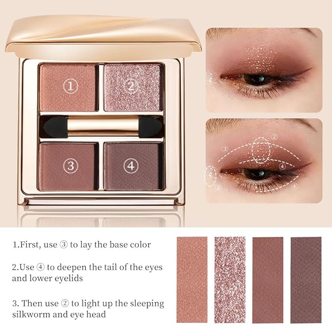 Warm Brown Nude Eyeshadow Palette – 4 Matte&Glitter High-Pigment Blendable Waterproof Long-Lasting Eye Shadow for Soft Glam, Everyday Natural Makeup&Brown Smokey Eye Looks, Paleta de Sombras de Ojos
