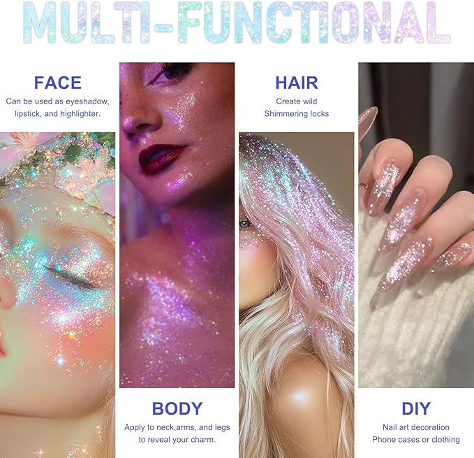 Roll-on Holographic Body Glitter Gel for Face and Hair, Chameleon Color Changing Glitter Gel Under Light, Chunky Mermaid Sequins Shimmer Makeup for Halloween Party Rave Accessories (Sparkling Pink)