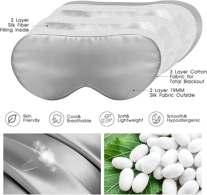 SILKTALE 100% Mulberry Silk Eye Mask for Sleeping with Silk Wrapped Adjustable Strap,Silver Gray