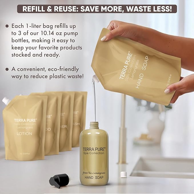 Terra Pure Spa Collection 1 Liter Body Wash Refill Bag For Soap Dispensers | Bulk Toiletries for Vacation Rentals, and Home Bathroom Showers | Green Tea Lemongrass | Set of 3