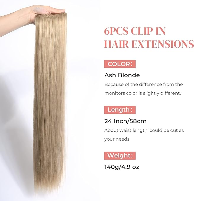LONAI 6PCS Clip In Hair Extensions, 24" Long Straight Synthetic Clip On Hairpiece For Women Natural Ash Blonde