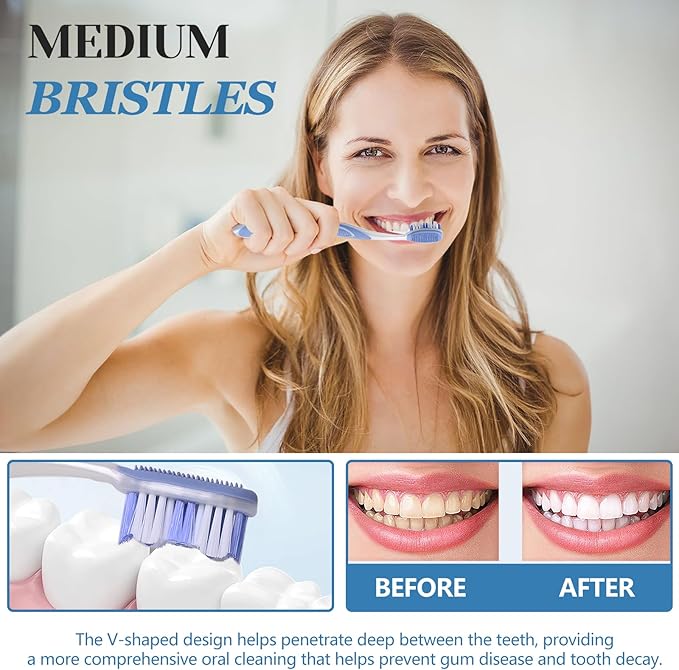 Adult Toothbrushes Medium 6 Pack | Medium Toothbrush for Adults with Tongue Scraper & Ergonomic Handle | Individual Packaging Travel Toothbrush BPA-Free, Assorted Colors