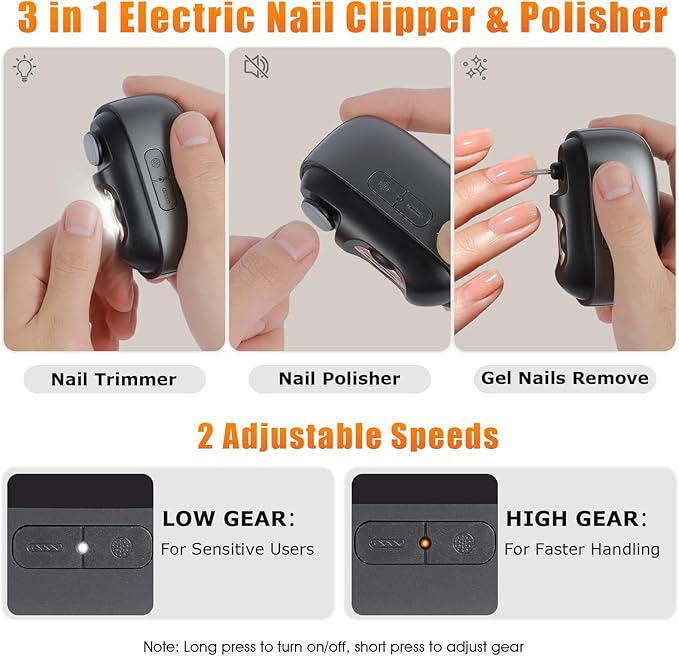 3 in 1 Automatic Electric Nail Clipper Smart Nail Clipper with Polishing, Dust Storage & LED Light 2-Speed Adjustable USB Rechargeable Nail Trimmer for Seniors Kids Adults