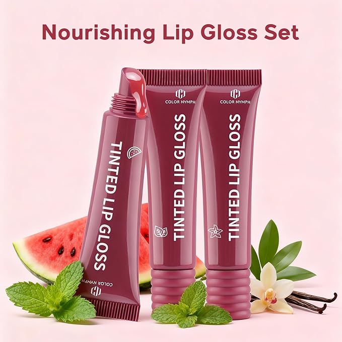 Color Nymph Tinted Lip Gloss Trio, Nourishing Lip Balm Set with Shea Butter & VE, Non-Sticky Intense Hydrating Lipgloss for Dry Lips, Sheer Tint | Vegan & Cruelty-free, #03 Watermelon, Vanilla & Mint
