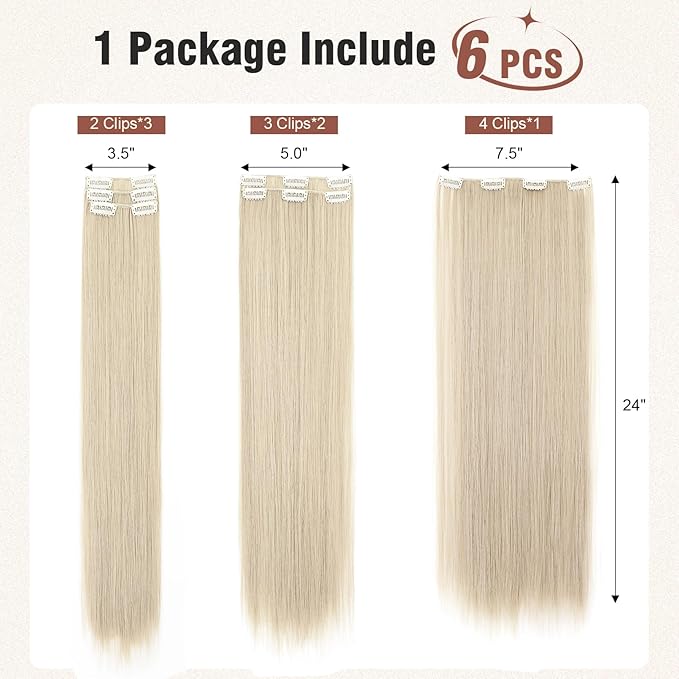 FLUFYMOOZ 6PC Clip in Hair Extensions 24" Straight Long Extensions for Women Synthetic Hairpiece (Platinum Blonde)