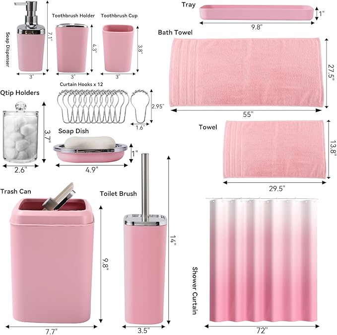 XLHOMO Pink Bathroom Accessories, 24 Pieces Pink Bathroom Accessories Set with Shower Curtain, Bath Towels, Trash Can, Soap Dispenser and Soap Dish for Bathroom/Housewarming