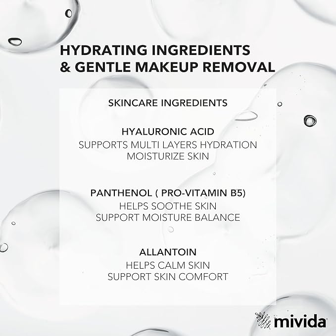 mivida Hypoallergenic Makeup Remover Wipes with Hyaluronic Acid, Fragrance Free Makeup Wipes for Sensitive Skin, Plant-Based, Alcohol Free, Convenient Twin Pack - 2x50 Count