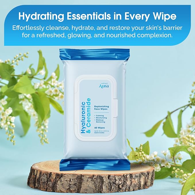 Hyaluronic Acid & Ceramide Face Wipes – Dermatologist Tested, Anti-Aging, Korean Skin Care – Removes Makeup, Deep Hydration, Strengthens Skin Barrier – Vegan, Clean Beauty – 60 Count