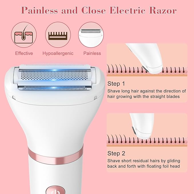 3-in-1 Electric Razor IPX7 Waterproof Bikini Trimmer Wet & Dry Use Painless Personal Trimmer Groomer for Ladies Face Body Legs Bikini Public Hairs Electric Lady Shaver with Replaceable Heads