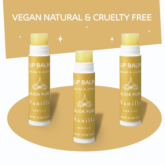 ALIDA PURE Vanilla Lip Balm Collection, Vegan Set, Beeswax Free, with Organic Jojoba and Avocado Oil, Vitamin E, Natural Moisturizer for Dry, Chapped Lips, 3 Tube Set