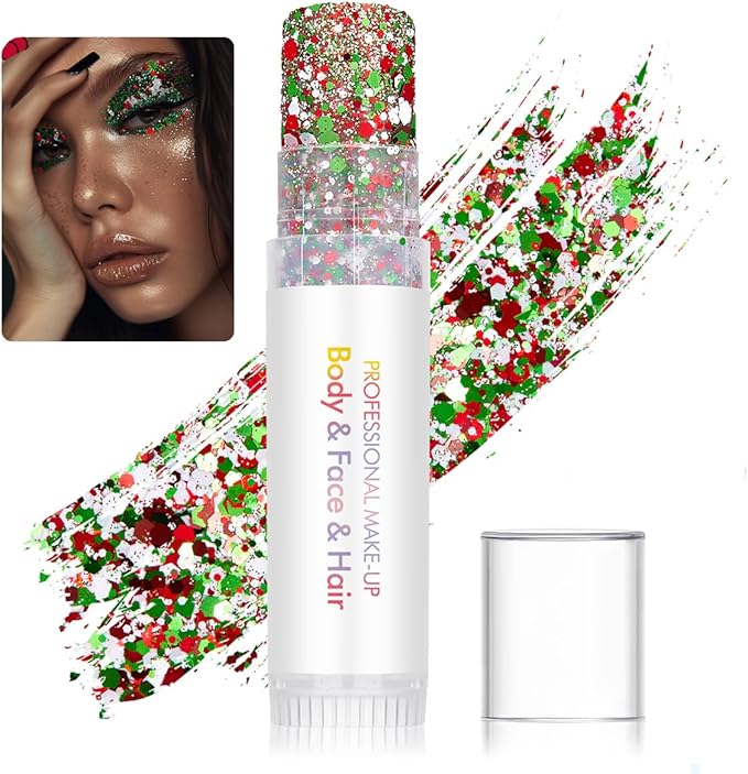 Body Glitter Stick for Face, Body & Hair - Red & Green Chunky Sparkle Glitter, 2 Pack | Long Lasting Party Makeup for Festival, Rave, Concert & Cosplay