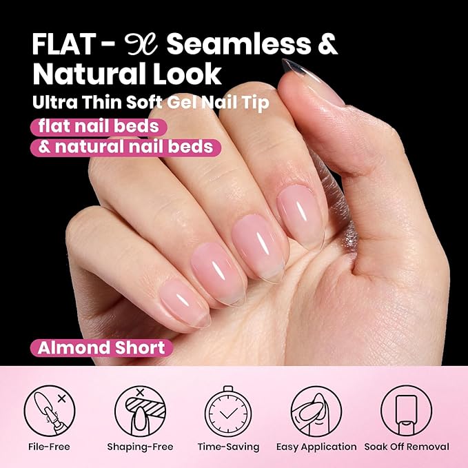 Beetles Gel Nail Tips Flat-X - Almond Short, 160pcs 16 Sizes, Pre-Etched Half Matte Full Cover Soft Acrylic False Nail Tips Clear Press on Easy DIY Extension Salon for Flat & Natural Nail Beds